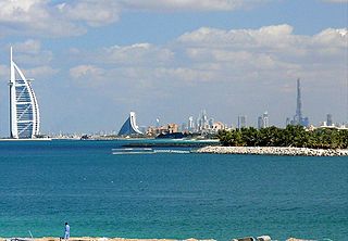 Dubai Skyline with the Burj Al Arab Hotel and Burj Khalifa.